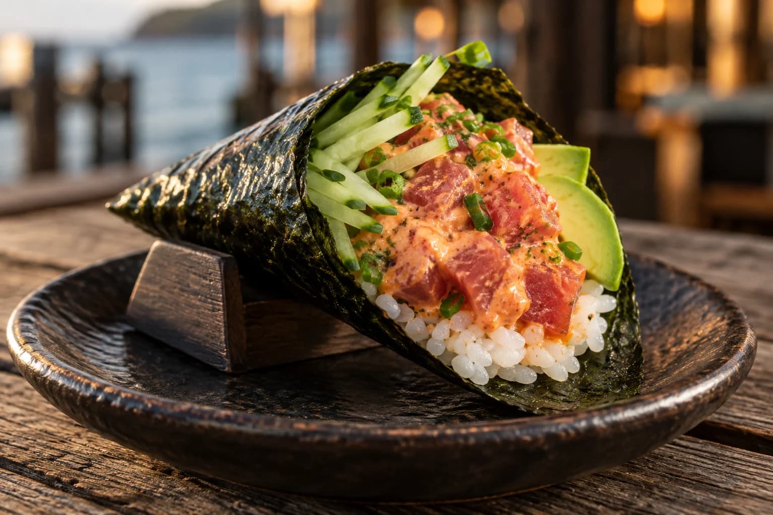 Spicy tuna hand roll with avocado, cucumber and scallions on a dark ceramic plate
